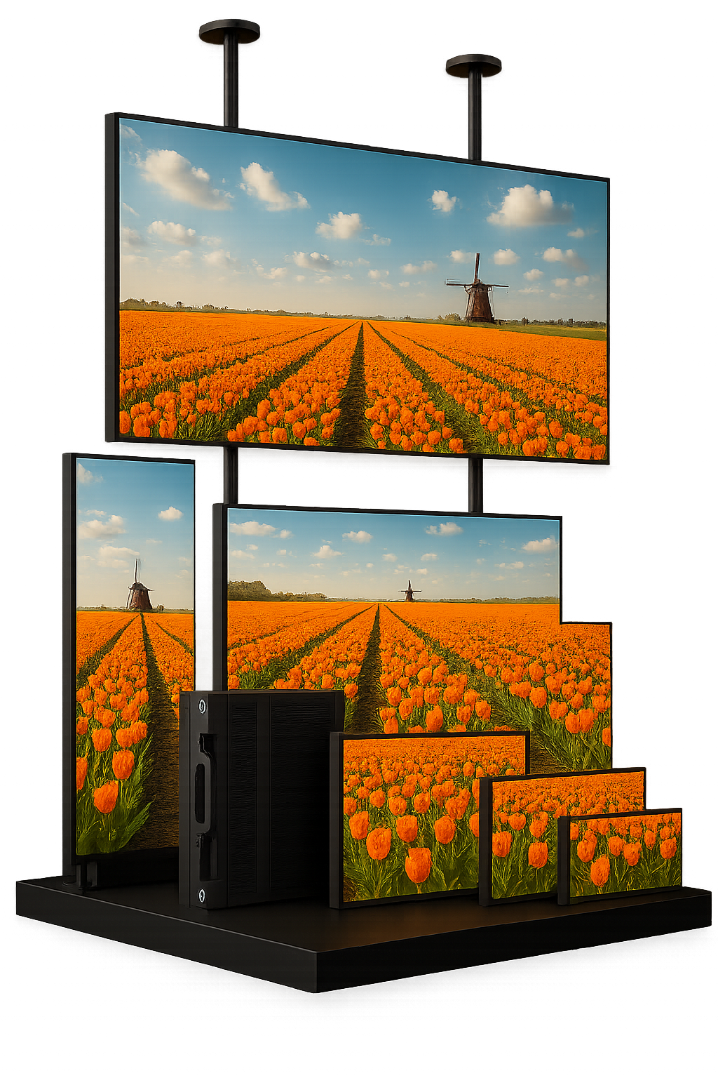 Multiple high-resolution LED digital display screens showing vibrant tulip field visuals, representing Norbrite’s full range of commercial display solutions
