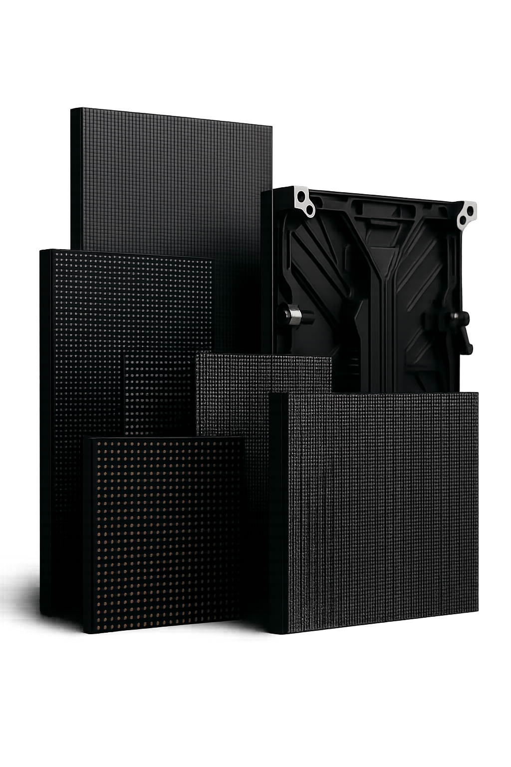 Multiple LED video display modules showcasing different pixel pitches, sizes, and cabinet designs