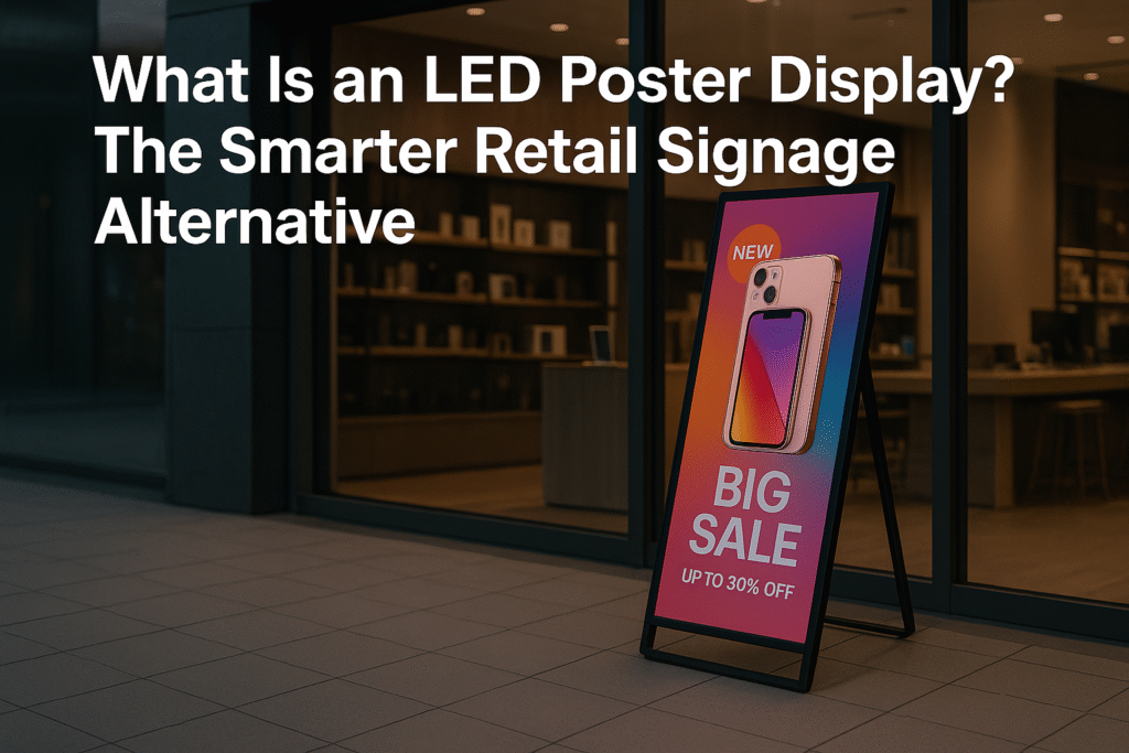 What is an LED Poster Display? 1 LED poster display placed outside a retail store showcasing a vibrant digital sale advertisement for a smartphone