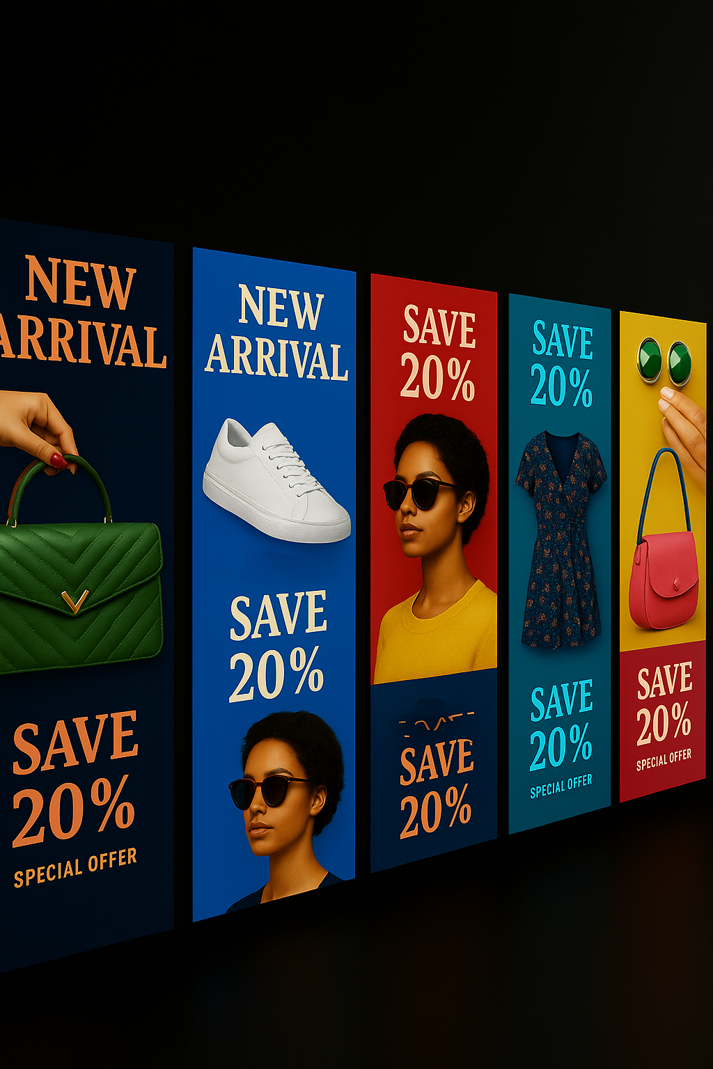 Series of ultra slim LED frames mounted side-by-side on a black wall displaying vibrant retail promotions for fashion and accessories