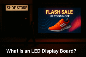 LED display board outside a shoe store showing a flash sale advertisement with a bright orange sneaker and discount offer